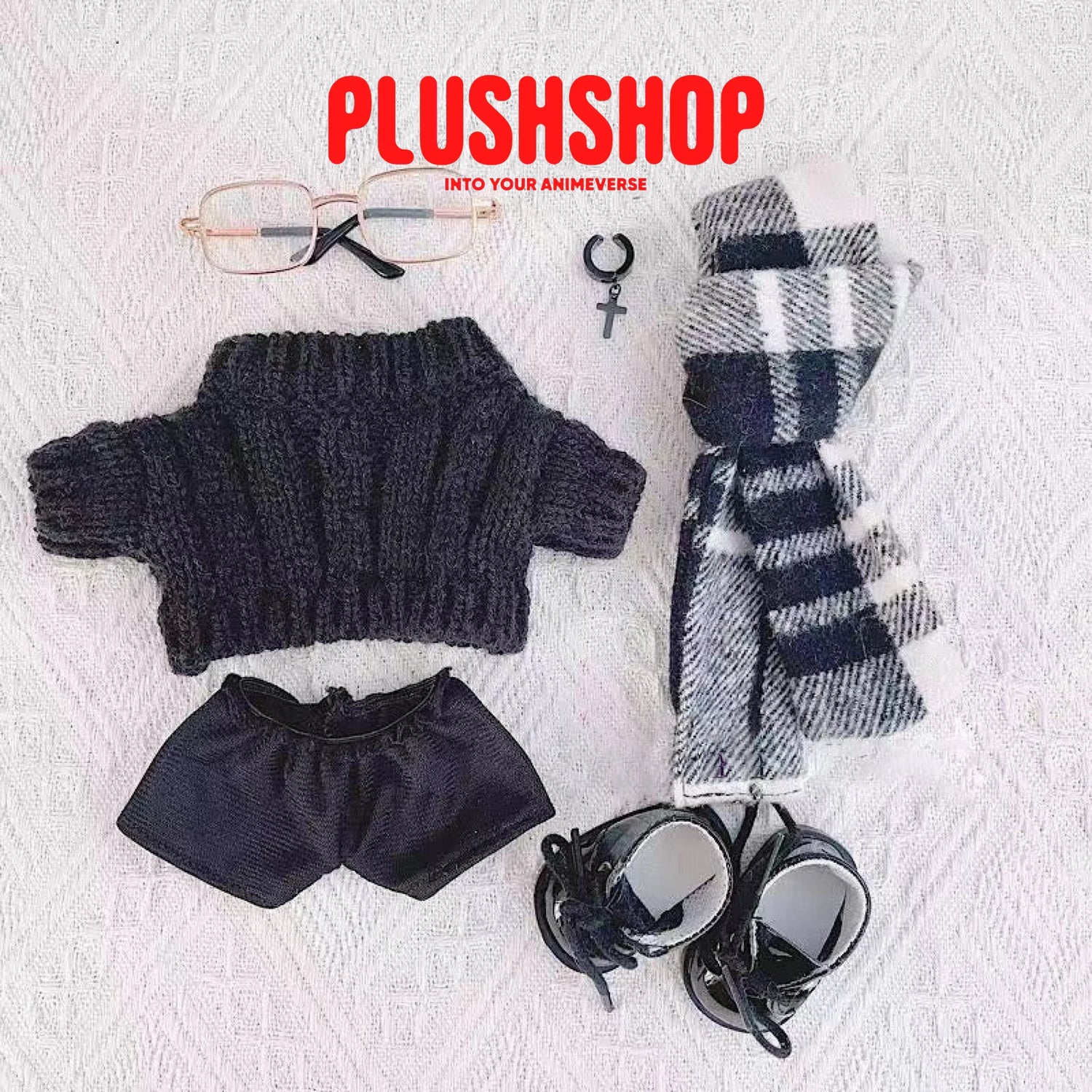 20Cm Cotton Doll Plush Clothes Cute Black Sweater With Plaid Scarf Outfit For Dolls(Outfit Only)
