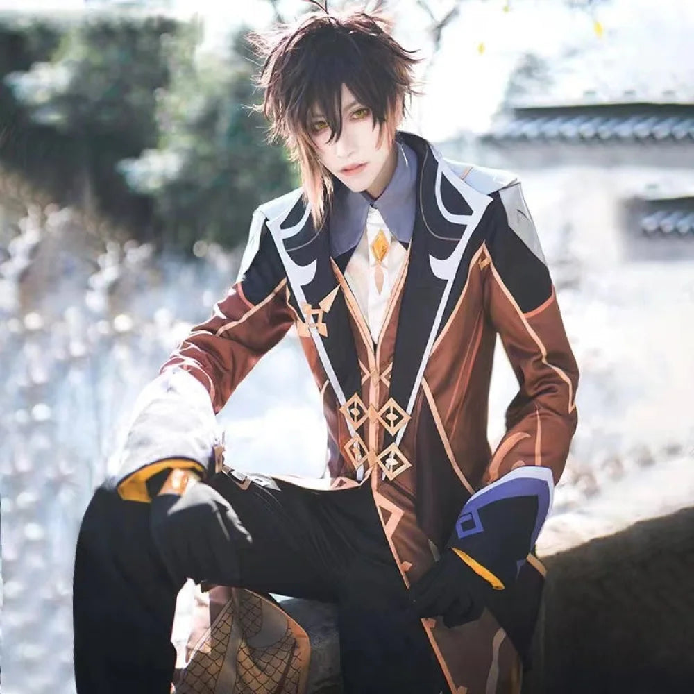 Genshin Impact Zhongli Cosplay Costume Full Set Wig