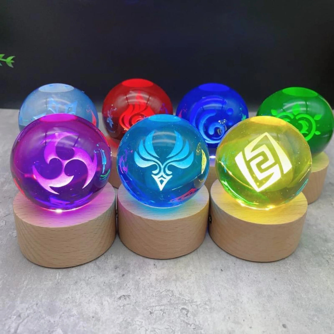 Genshin Visions Glowing Crystal Ball Lights Toy 7Pcs+1 Wood Base 玩具/游戏