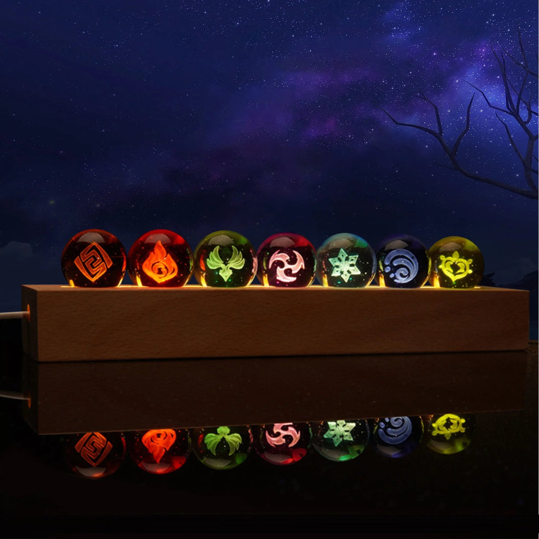 Genshin Visions Luminous Starry Crystal Ball Light Toy 7Pcs+1 Wood Base