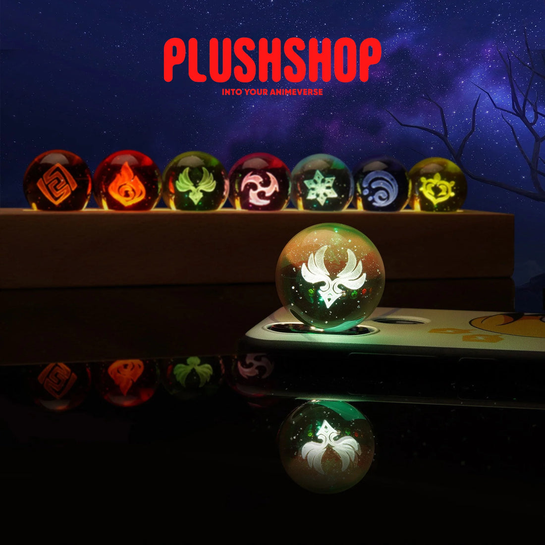 Genshin Visions Luminous Starry Crystal Ball Light Toy Anemo+ Wood Base