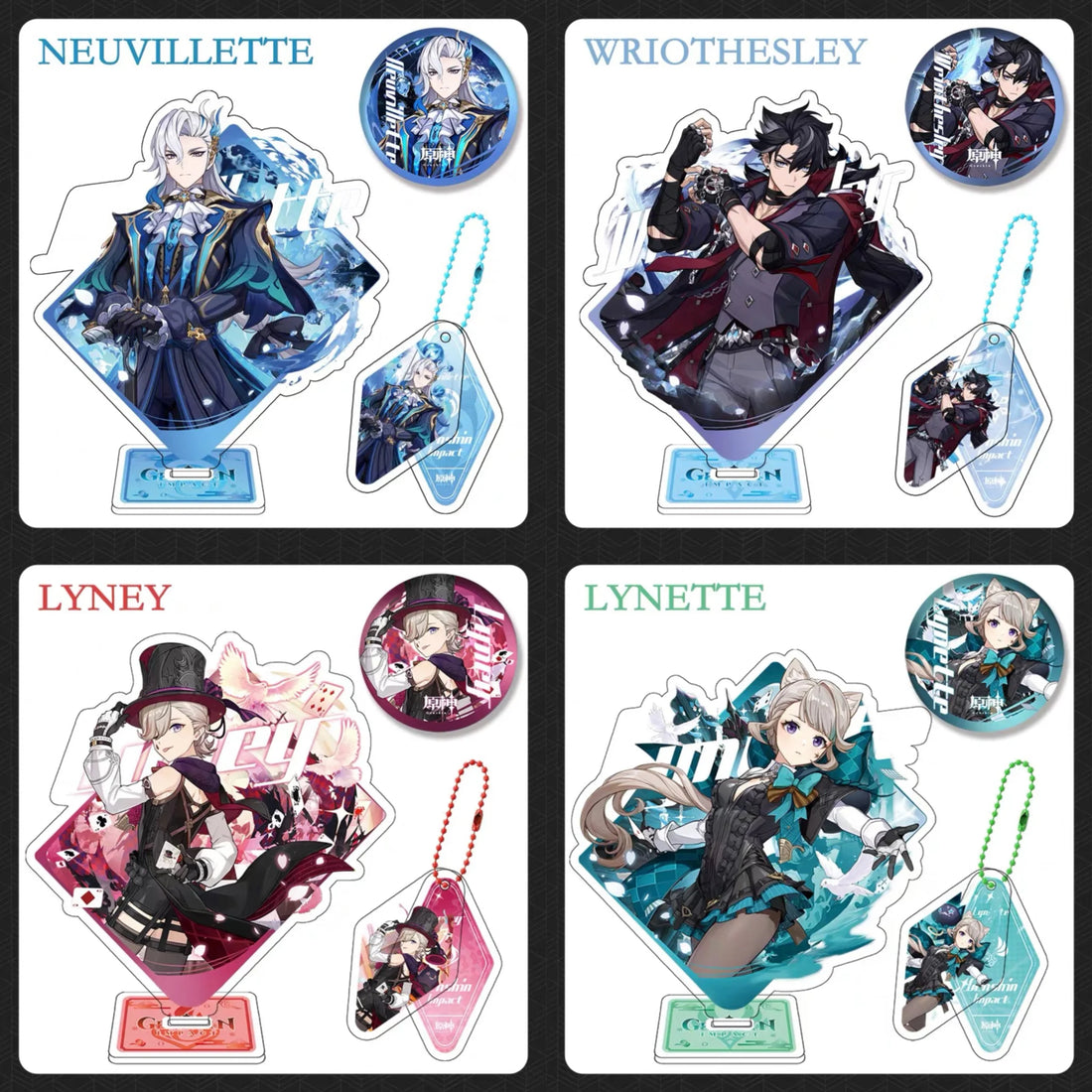 Genshin Impact Fontaine Characters Neuvillette Lyney Lynette Wriot Hesley Keychain Standing Box
